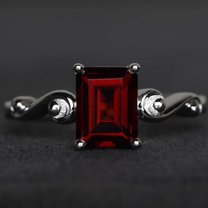wedding ring natural red garnet ring red gems emerald cut gemstone sterling silver ring January birthstone ring