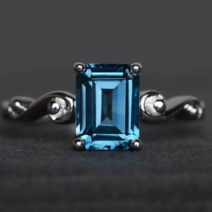 London blue topaz ring engagement ring blue gems emerald cut gemstone sterling silver ring