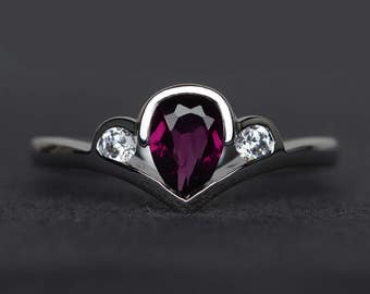 garnet ring pear shaped engagement ring bezel set ring teardrop ring sterling silver ring gemstone ring three stone ring