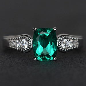 emerald ring silver green gemstone ring emerald engagement ring cushion cut