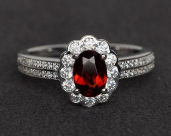 Granat Ring Silber Januar Geburtsstein Ring natürlicher Edelstein Ring roter Granat Ring Ovalschliff Halo-Ring