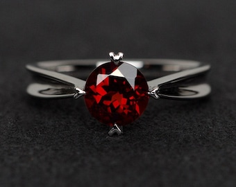 Anillo de compromiso con granate natural de corte redondo, anillo solitario de plata esterlina, regalo de aniversario, piedra natal de enero