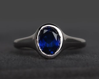 blue sapphire ring engagement ring September birthstone oval cut blue gemstone solitaire ring sterling silver ring