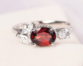 oval shaped garnet ring sterling silver branch engagement ring January birthstone ring