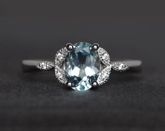 aquamarine ring silver March birthstone oval cut engagement ring for women