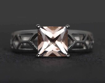 morganite ring pink morganite engagement ring gemstone ring princess cut morganite wedding ring sterling silver solitaire ring