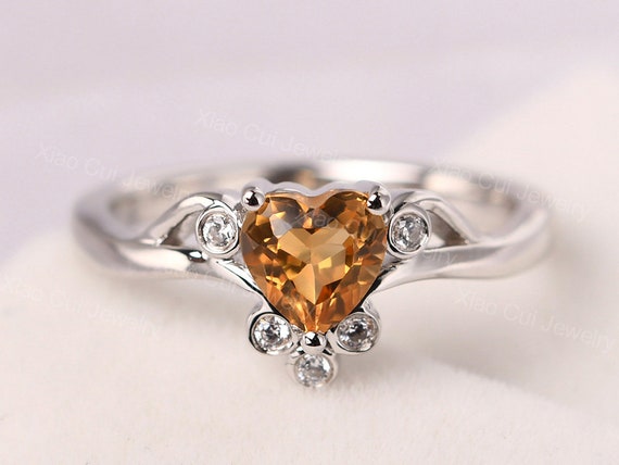 Delicate Heart Shaped Citrine Engagement Ring Sterling Silver
