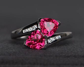 engagement ring ruby ring trillion cut red gemstone July birthstone sterling silver ring