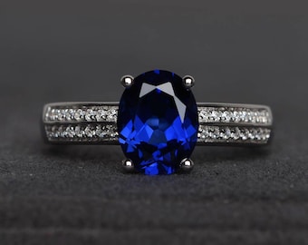 blue sapphire ring engagement ring oval cut gemstone September birthstone sterling silver ring