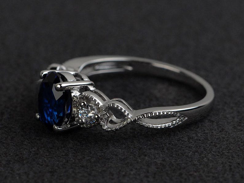 blue sapphire rings women engagement ring gemstone rings oval cut sterling silver 925 September birthstone ring image 2