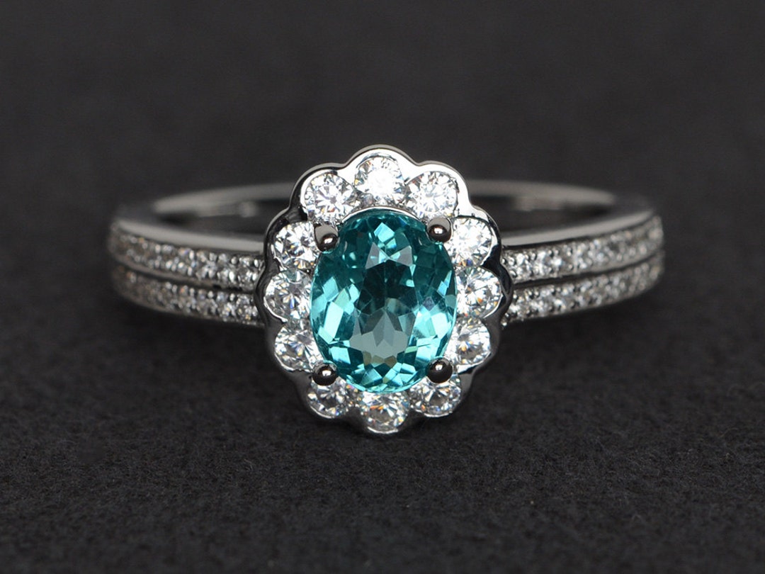 Blue Apatite Ring Halo Ring Oval Cut Sterling Silver Ring Engagement ...