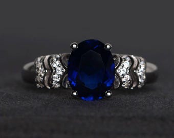 promise ring blue sapphire ring oval cut blue gemstone sterling silver ring September birthstone