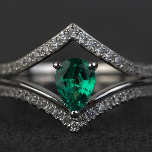 Emerald Rings Bridal Sets Water Drop Shape Stacking Ring Etsy
