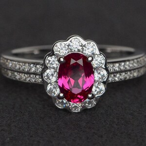 ruby ring halo engagement ring oval cut ruby ring anniversary ring silver ring July birthstone ring