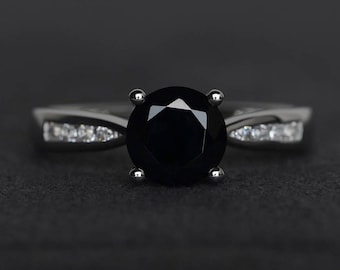 natural black spinel ring black rings sterling silver round cut gemstone