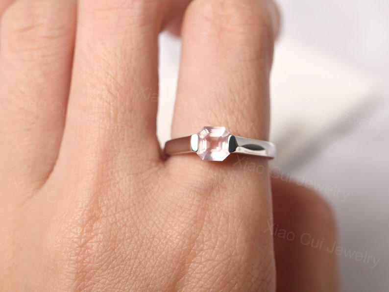 delicate rose quartz ring sterling silver asscher cut 6 mm pink quartz promise ring image 5