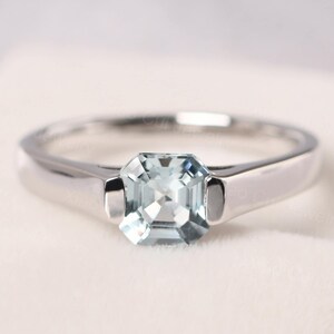 minimalist aquamarine ring sterling silver solitaire engagement ring March birthstone ring