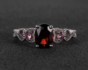 unique garnet wedding ring oval cut red gemstone solid silver ring January birthstone