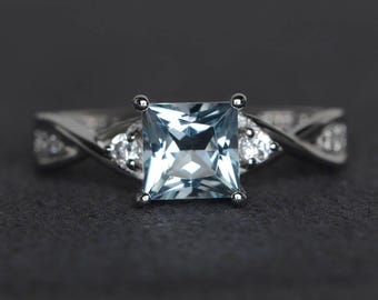 princess cut aquamarine engagement ring sterling silver ring March birthstone ring