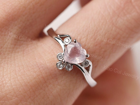 Dainty Rose Quartz Engagement Ring 14k White Gold Heart Shaped 6 Mm Pink Quartz Cluster Bridal Ring Etsy Canada