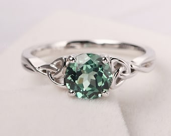round shaped 7 mm green sapphire ring sterling silver celtic knot ring unique anniversary ring