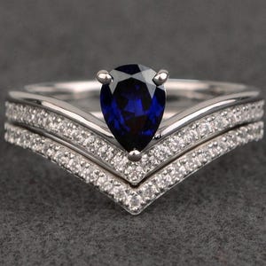 sapphire ring set wedding engagement ring sets stacking ring pear cut sapphire rings blue gemstone ring silver bridal ring set