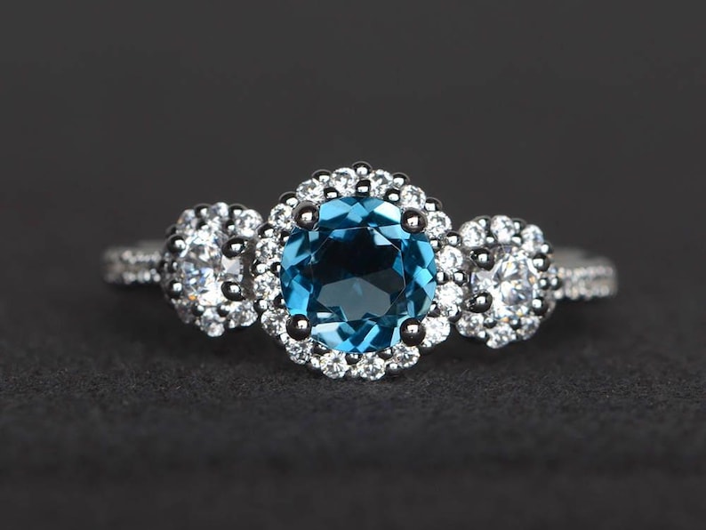 Round Cut London Blue Topaz Ring Engagement Ring Blue Gemstone Sterling ...