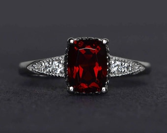 cushion cut garnet ring red gemstone ring silver wedding engagement rings January birthstone