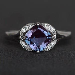 lab alexandrite ring promise ring cushion cut gemstone ring sterling silver color changing June birthstone ring