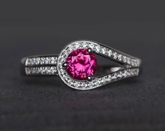 ruby ring engagement ring round cut red gemstone sterling silver ring July birthstone