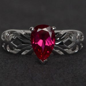 ruby ring red ruby engagement ring created gemstone rings solitaire ring silver pear cut