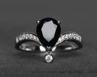 natural black spinel ring anniversary ring pear cut black gemstone sterling silver ring