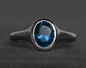 London blue topaz ring oval cut blue gemstone ring sterling silver ring solitaire ring