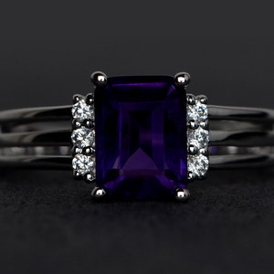 natural amethyst ring purple gemstone ring engagement ring silver emerald cut promise ring February birthstone