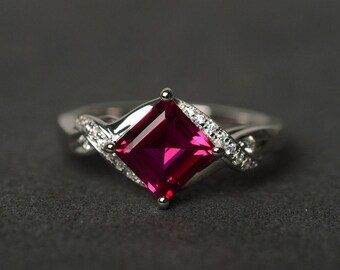 Lab ruby ring silver engagement ring square cut red gemstone ring July birthstone ring