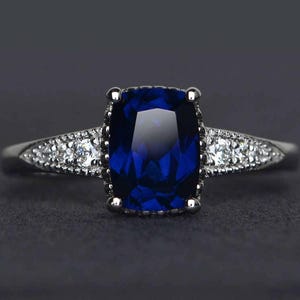 blue sapphire engagement ring silver rings gemstone ring cushion cut sapphire ring September birthstone ring