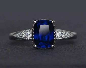 blue sapphire engagement ring silver rings gemstone ring cushion cut sapphire ring September birthstone ring