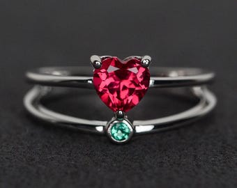 ruby ring heart cut engagement ring red gemstone ring double band red ruby ring silver July birthstone ring