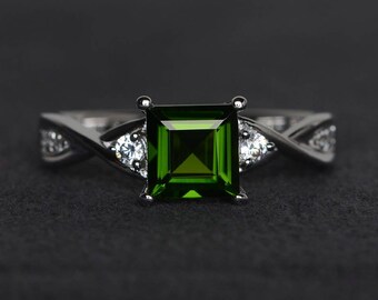 chrome diopside ring square cut engagement ring green gemstone ring sterling silver green rings promise ring