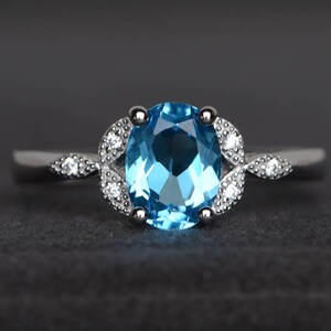 Swiss blue topaz ring wedding ring sterling silver ring oval cut leaf ring