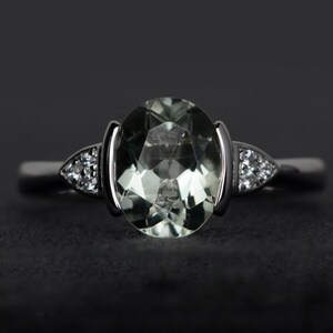 genuine green amethyst ring silver gemstone rings green engagement rings oval cut bezel setting