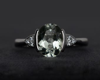 Anillo de amatista verde auténtica, anillos de plata con piedras preciosas, anillos de compromiso verdes, engaste de bisel de corte ovalado