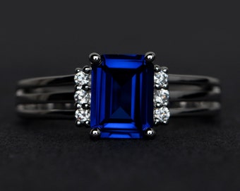 rings sapphire silver engagement sapphire ring for her promise ring blue gemstone ring emerald cut wedding ring
