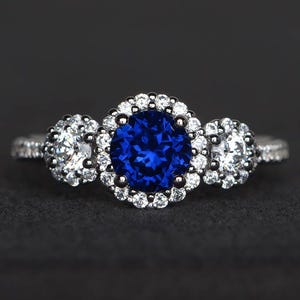 lab blue sapphire ring wedding ring round cut blue gemstone sterling silver ring September birthstone