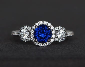 lab blue sapphire ring wedding ring round cut blue gemstone sterling silver ring September birthstone