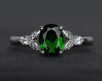 chrome diopside ring oval cut engagement ring chrome diopside jewelry green ring gemstone ring sterling silver ring