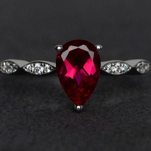 ruby ring pear cut sterling silver engagement ring for women July birthstone ring