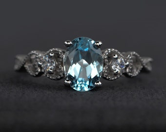 aquamarine rings women blue gemstone ring aquamarine engagement ring oval cut March birthstone ring