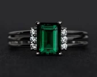 emerald ring green gemstone engagement ring silver emerald cut en anniversary ring for her May birthstone ring