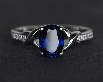 blue sapphire ring oval shaped engagement ring blue gemstone ring sterling silver ring